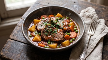 Plato de cerámica con carne vacuna en salsa, papas, zanahorias y arvejas, ubicado sobre una mesa de madera junto a un tenedor y una servilleta.