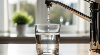 Primer plano de un grifo de cromo brillante del que cae una gota de agua hacia un vaso de cristal medio lleno, con una ventana borrosa detrás.