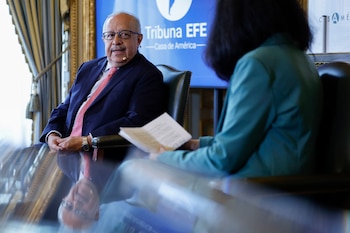 MADRID, 12/05/2026.- El canciller de Guatemala, Carlos Ramiro Martínez, interviene en una tribuna organizada por la Casa de América en Madrid y la agencia EFE, este martes. EFE/Mariscal
