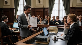 Un hombre de traje sostiene un documento "ACCIÓN DE TUTELA" frente a una jueza en toga. Otros asistentes y personal judicial presentes en la sala.