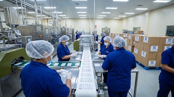 Operarios en una planta farmacéutica inspeccionan blísteres de pastillas en una línea de producción con cinta transportadora, maquinaria y cajas "Hecho en El Salvador".