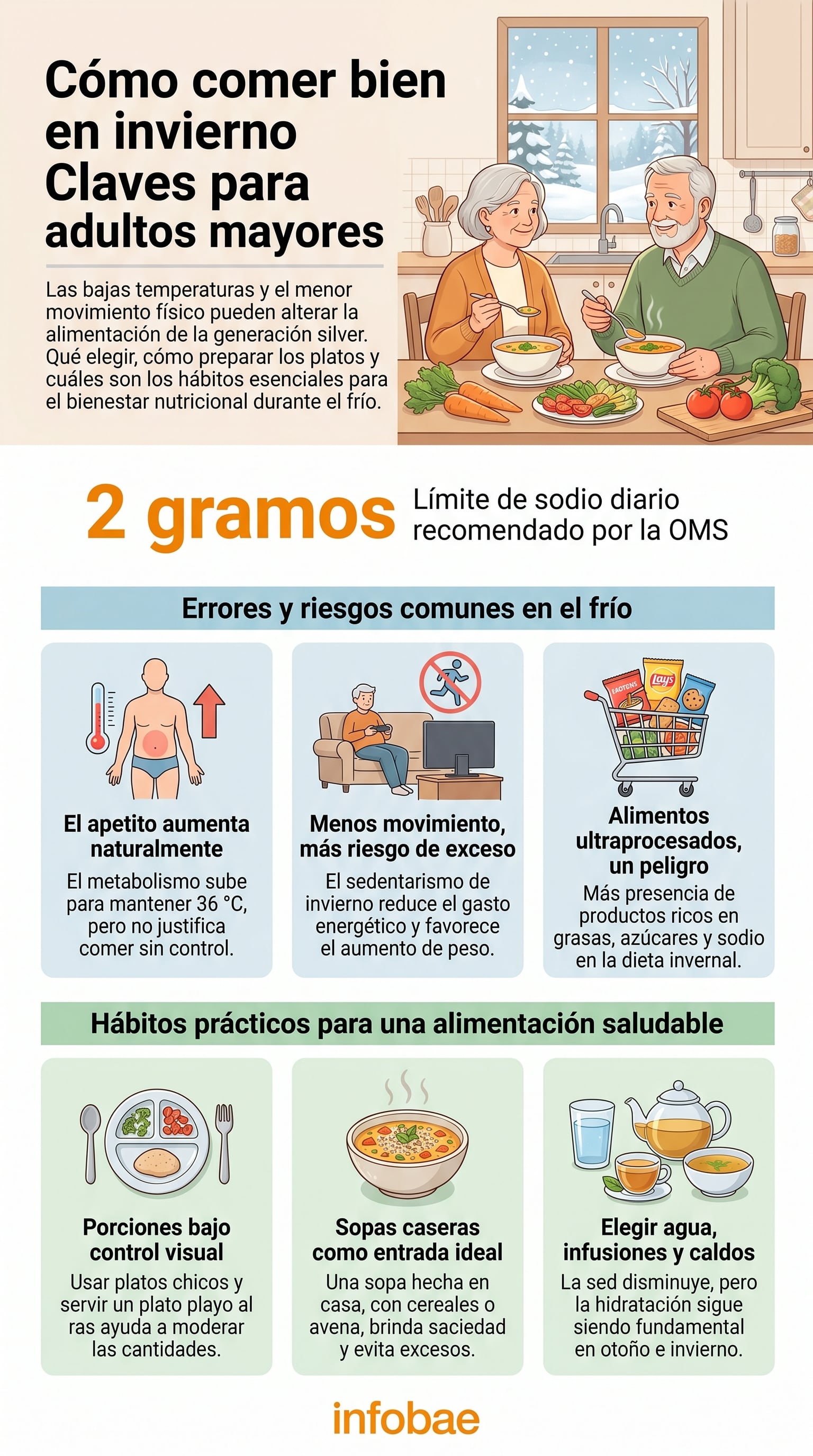 Un gráfico informativo detalla cómo mantener una alimentación saludable en otoño e invierno para adultos mayores, incluyendo consejos de una nutricionista para manejar el apetito, las porciones, la hidratación y evitar riesgos de alimentos ultraprocesados. (Imagen Ilustrativa Infobae)