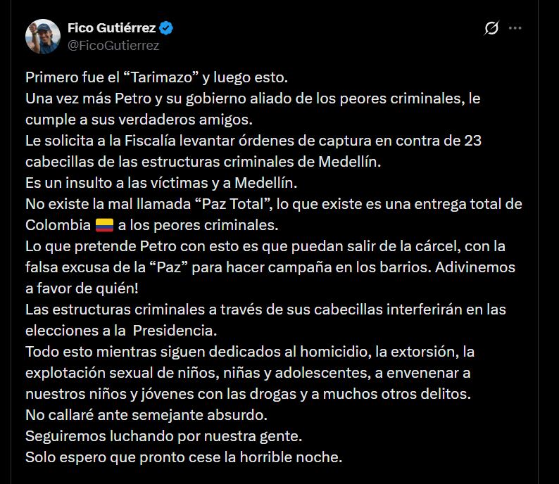 Federico Gutiérrez condenó la suspensión de órdenes de captura de criminales - crédito @FicoGutierrez/X
