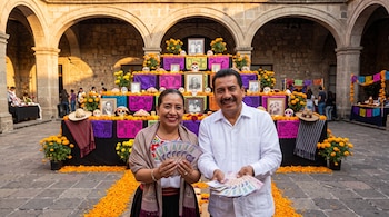 Un hombre y una mujer sonrientes sostienen billetes mexicanos frente a un altar decorado con flores de cempasúchil y papel picado.