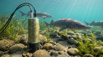 Un hidrófono cilíndrico de metal yace en el fondo de un río con cables. El lecho tiene rocas y plantas acuáticas. Tres esturiones nadan cerca.