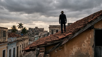 Silueta de un hombre con sombrero de espaldas sobre un techo de tejas rojas frente a edificios coloniales, palmeras y un cielo nublado.