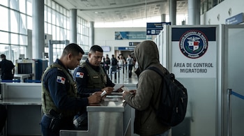 Dos agentes uniformados revisan documentos de un viajero en un mostrador de control migratorio. Se ve el logo del Servicio Nacional de Migración de Panamá.