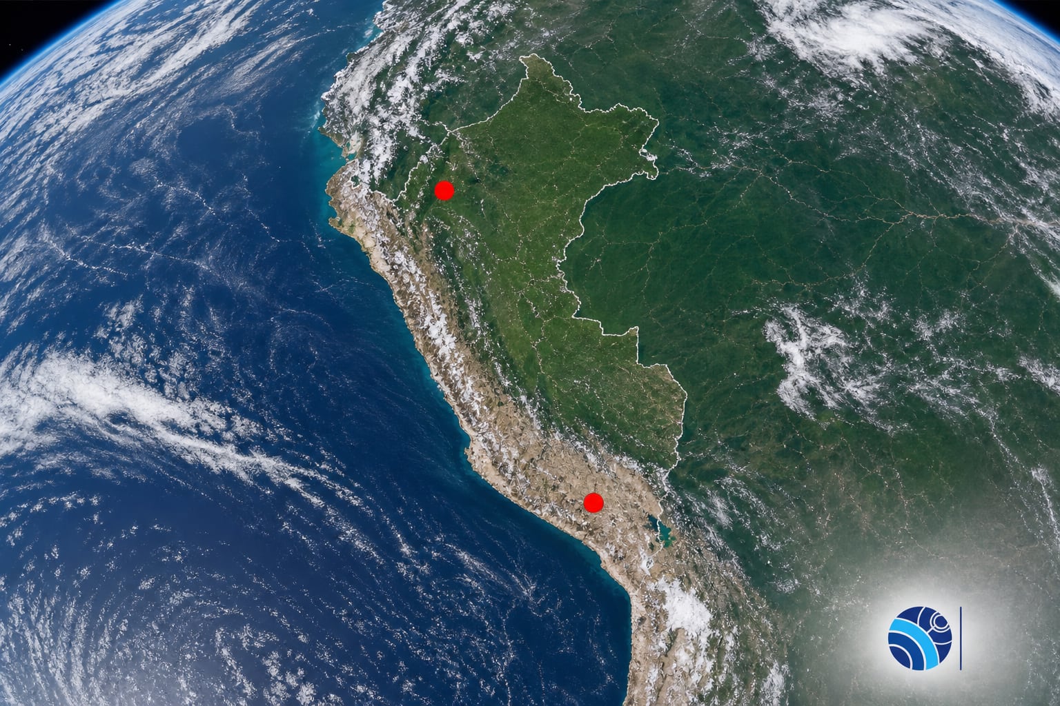 Una vista satelital del territorio de Perú señala las regiones de Amazonas y Arequipa con puntos rojos junto al emblema del Instituto Geofísico del Perú. (Imagen Ilustrativa Infobae)
