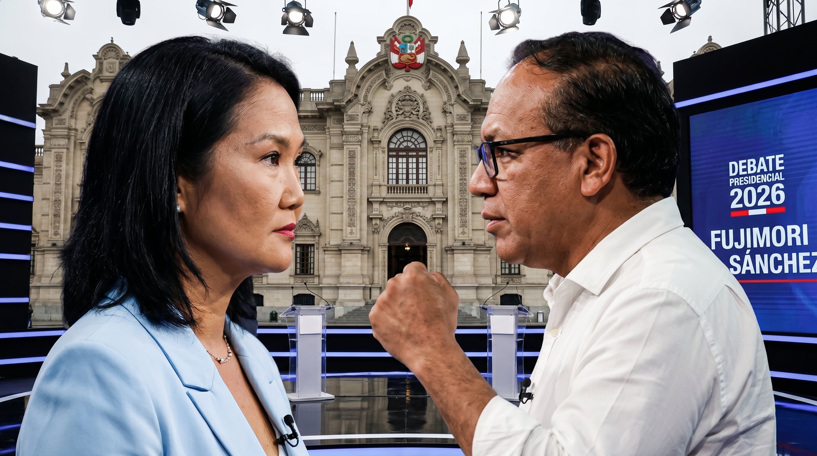 Keiko Fujimori y Roberto Sánchez debaten acaloradamente con el Palacio de Gobierno de fondo, en un tenso encuentro presidencial que marca la campaña. (Imagen Ilustrativa Infobae)