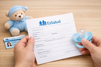 Manos adultas sostienen un certificado de nacimiento de EsSalud y un chupón azul, junto a un oso de peluche y una credencial de seguro social sobre una mesa de madera clara.