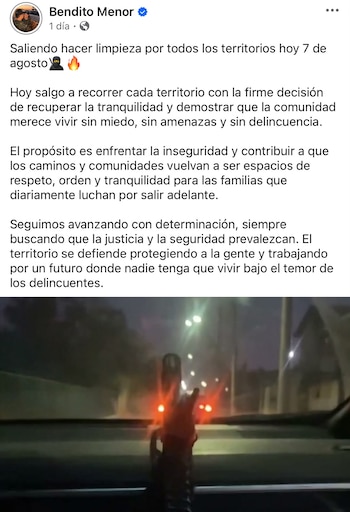 Alias Naín anuncia “limpieza” territorial y genera preocupación sobre sus próximos movimientos - crédito Bendito Menor/Facebook