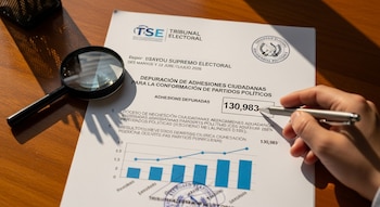 Una mano con un bolígrafo sobre un documento del Tribunal Supremo Electoral con la cifra 130.983, una lupa y un gráfico de barras.