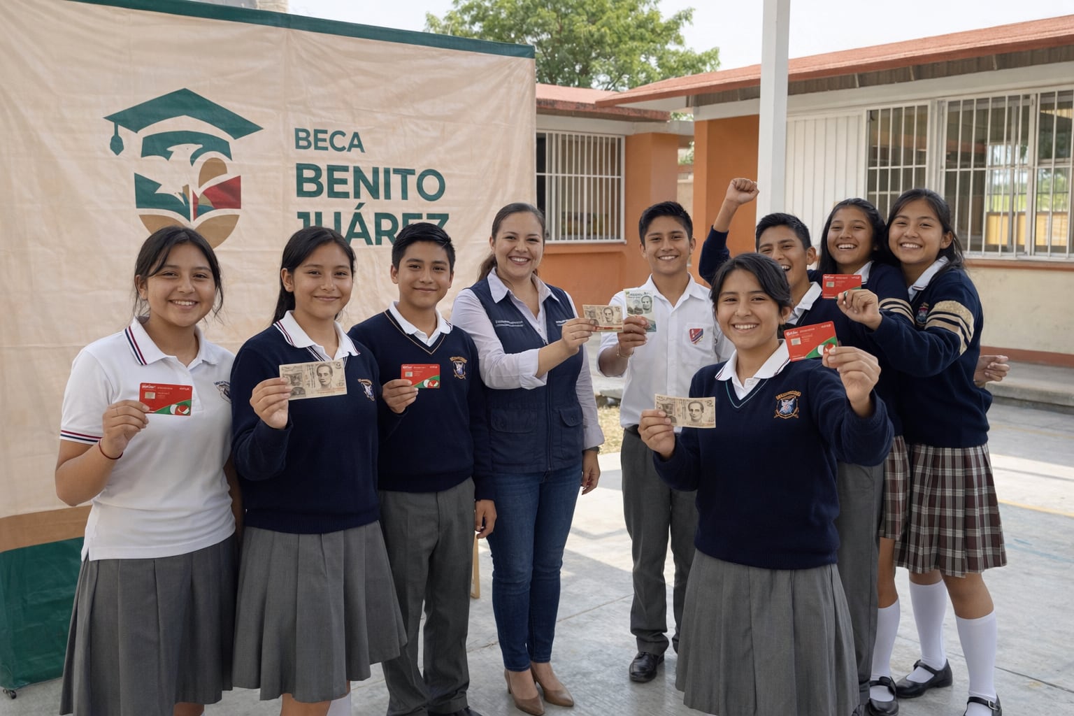 Estudiantes mexicanos de secundaria y preparatoria sonríen mientras reciben sus tarjetas bancarias o dinero en efectivo del programa Beca Benito Juárez en un sencillo entorno escolar. (Imagen Ilustrativa Infobae)