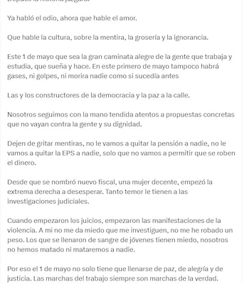El presidente Gustavo Petro aseguró que en la marcha del de mayo tampoco habrá gases ni golpes - crédito @petrogustavo