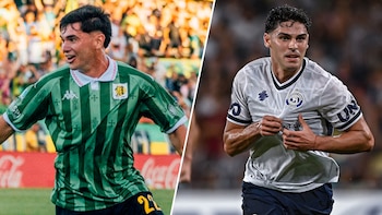 Imagen dividida: Jugador de Aldosivi en camiseta verde y blanca a la izquierda; Jugador de Independiente Rivadavia en camiseta clara a la derecha