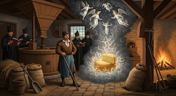 Ilustración de un molinero del siglo XVI en un molino. Un queso genera gusanos y ángeles en el centro, mientras inquisidores leen libros. Hay sacos de grano y fuego.
