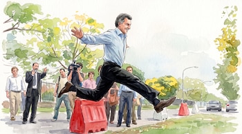 Ilustración en acuarela de Mauricio Macri saltando una barrera plástica roja en un paseo arbolado con varias personas observando.