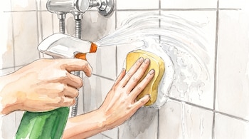 Ilustración en acuarela de dos manos que limpian azulejos blancos con un atomizador verde y una esponja amarilla con espuma.