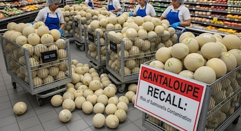 Empleados de un supermercado retiran melones cantalupo de los pasillos, con un cartel rojo de "CANTALOUPE RECALL" visible. Hay muchos melones en carritos y en el suelo.
