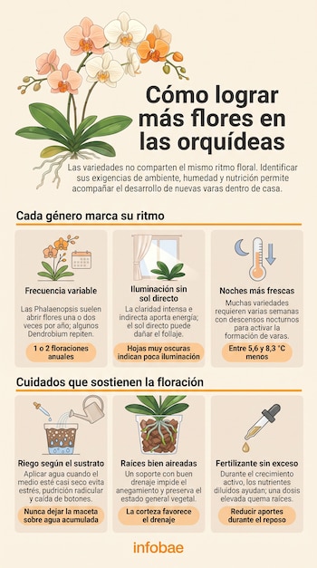 Infografía con una planta de orquídea en flor e ilustraciones sobre luz, temperatura, riego, maceta con corteza y gotero de fertilizante.