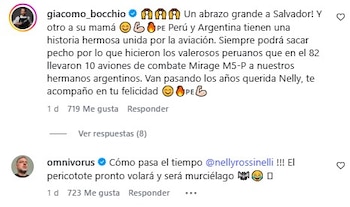 Captura de pantalla mostrando dos comentarios de Instagram de Giacomo Bocchio y Javier Masías dedicados a Nelly Rossinelli