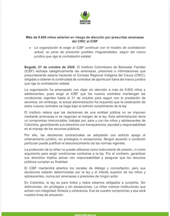 El Icbf denunció presuntas presiones del Cric durante las negociaciones para renovar los contratos de atención a la niñez indígena (@ICBFColombia/X)