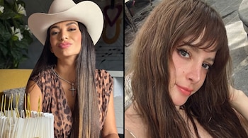 Los rostros de Zaralea Figueroa con un sombrero vaquero y un collar de cruz a la izquierda, y de Imelda Tuñón con cabello castaño a la derecha, divididos.