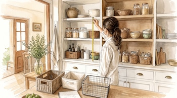 Ilustración en acuarela de una mujer que mide un estante blanco con una cinta métrica junto a frascos y cestos de cocina.