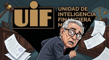 Ilustración de un hombre con gafas visiblemente aterrorizado y sudando, rodeado de documentos legales, un mazo, una balanza de la justicia y el logo de la UIF.