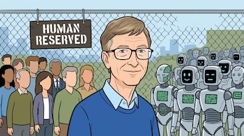 Ilustración de Bill Gates en primer plano entre un grupo de personas sin rostro y un grupo de robots tras una cerca metálica.