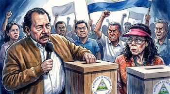 Caricatura de Daniel Ortega y Rosario Murillo junto a urnas con el escudo de Nicaragua. Hay un micrófono y una multitud con puños y banderas en alto.
