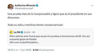 La representante Katherine Miranda se pronunció contra el presidente Petro por su carta al despacho de la Casa Blanca - crédito @KatheMirandaP/X