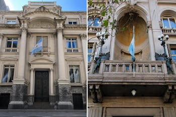 Imagen dividida con dos edificios antiguos de piedra, columnas y banderas argentinas en sus balcones.