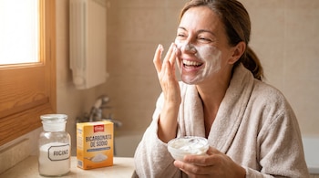Mujer sonriente aplicando mascarilla facial blanca en su rostro, con un frasco de ricino y una caja de bicarbonato de sodio en un mostrador de baño.
