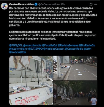 El ataque a la sede del Centro Democrático en Neiva se produjo en el contexto de movilizaciones nacionales tras la suspensión provisional del incremento del salario mínimo decidido por el Consejo de Estado - crédito @CeDemocratico/X