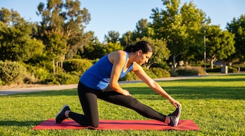 Vista lateral de una mujer con camiseta azul y leggings negros estirando la pierna derecha sobre un tapete rojo en un césped verde con árboles.