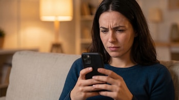 Primer plano de una mujer caucásica con cabello oscuro, sentada en un sofá claro, mirando un smartphone negro con el ceño fruncido.