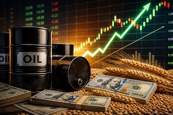 Barriles de petróleo, dólares, semillas de trigo, espigas de trigo, pizarras de cotización del mercado de granos