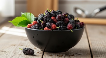 Un bowl negro lleno de moras negras y rojas sobre una mesada de madera. Algunas hojas verdes y gotas de agua son visibles. Una mora está fuera del bowl.