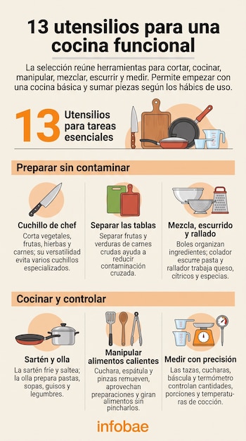 Infografía ilustrada con utensilios de cocina como cuchillo, sartén, olla, tablas, boles, báscula y el logotipo de Infobae.