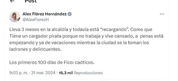Alex Flórez criticó que Federico Gutiérrez estuviese de vacaciones - crédito @AlexFlorezH