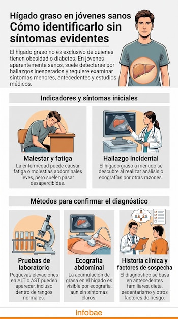 Infografía con ilustraciones sobre la detección del hígado graso que incluye síntomas, pruebas de laboratorio y ecografía abdominal.