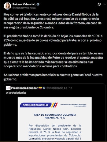 La candidata presidencial atribuyó la reducción de aranceles a gestiones directas con el gobierno ecuatoriano - crédito @PalomaValenciaL / X