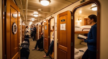 Un pasillo estrecho con varias puertas de camarotes de madera. Varias personas interactúan en el pasillo, y una mujer lee en la entrada de su camarote.