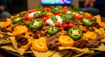 Plato con totopos de maíz, carne molida, salsa de queso, frijoles, rodajas de jalapeño, tomate picado, crema agria y hojas de cilantro.