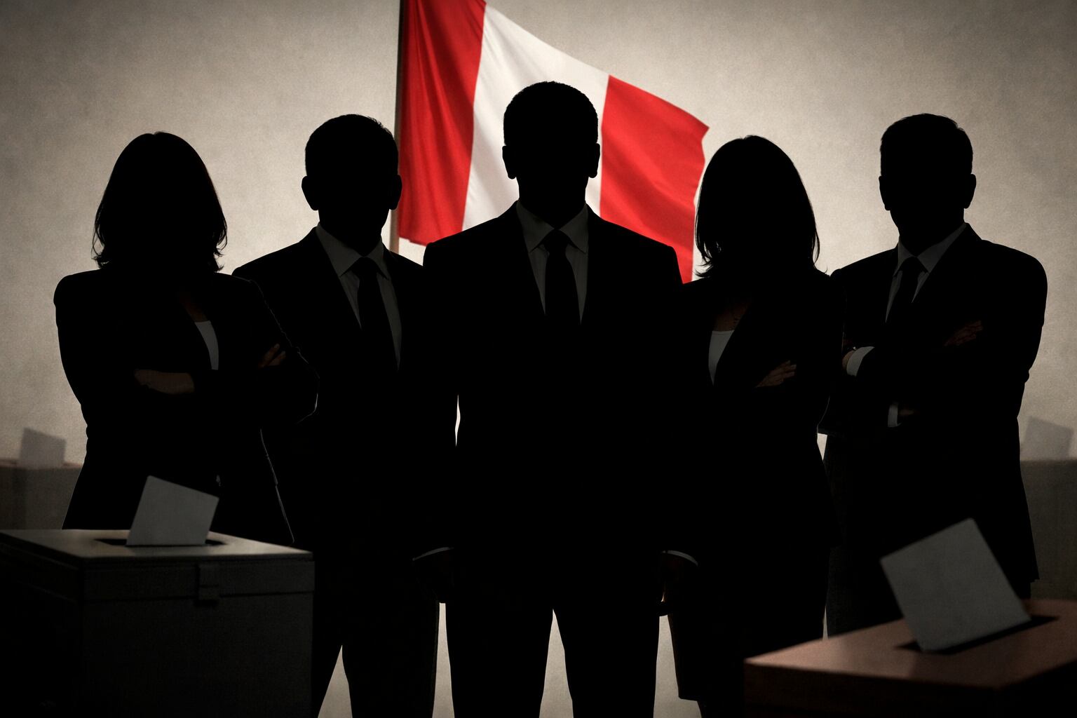 Grupo de candidatos presidenciales de Perú aparece en silueta formal frente a la bandera nacional, con urnas discretas, simbolizando las elecciones venideras. (Imagen Ilustrativa Infobae)