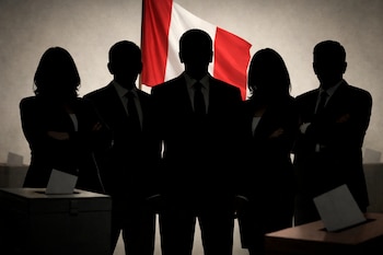 Siluetas de cinco personas en traje formal de negocios frente a una bandera peruana; se ven dos urnas de votación con papeletas insertadas.