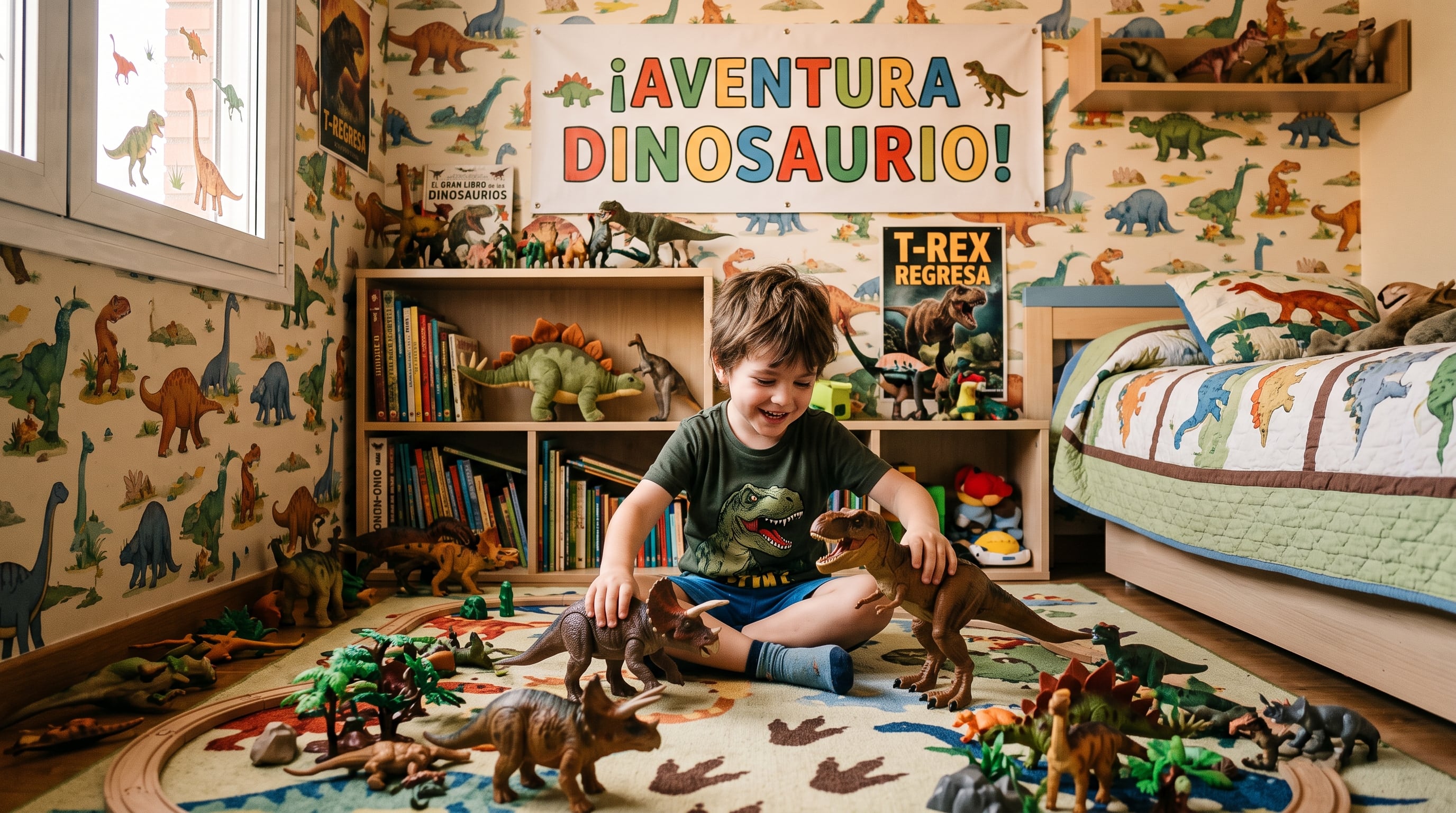 Un niño interactúa con figuras de juguete en una habitación decorada con papel tapiz, carteles y ropa de cama con motivos de dinosaurios. (Imagen Ilustrativa Infobae)
