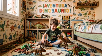 Niño sentado en el suelo de un dormitorio rodeado de juguetes de dinosaurios, con carteles y papel tapiz de la misma temática.