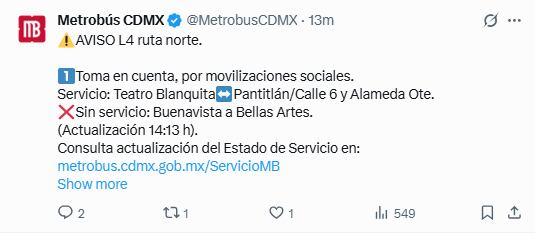 Actualización del MB 24 de septiembre. Foto: x.com/@MetrobusCDMX